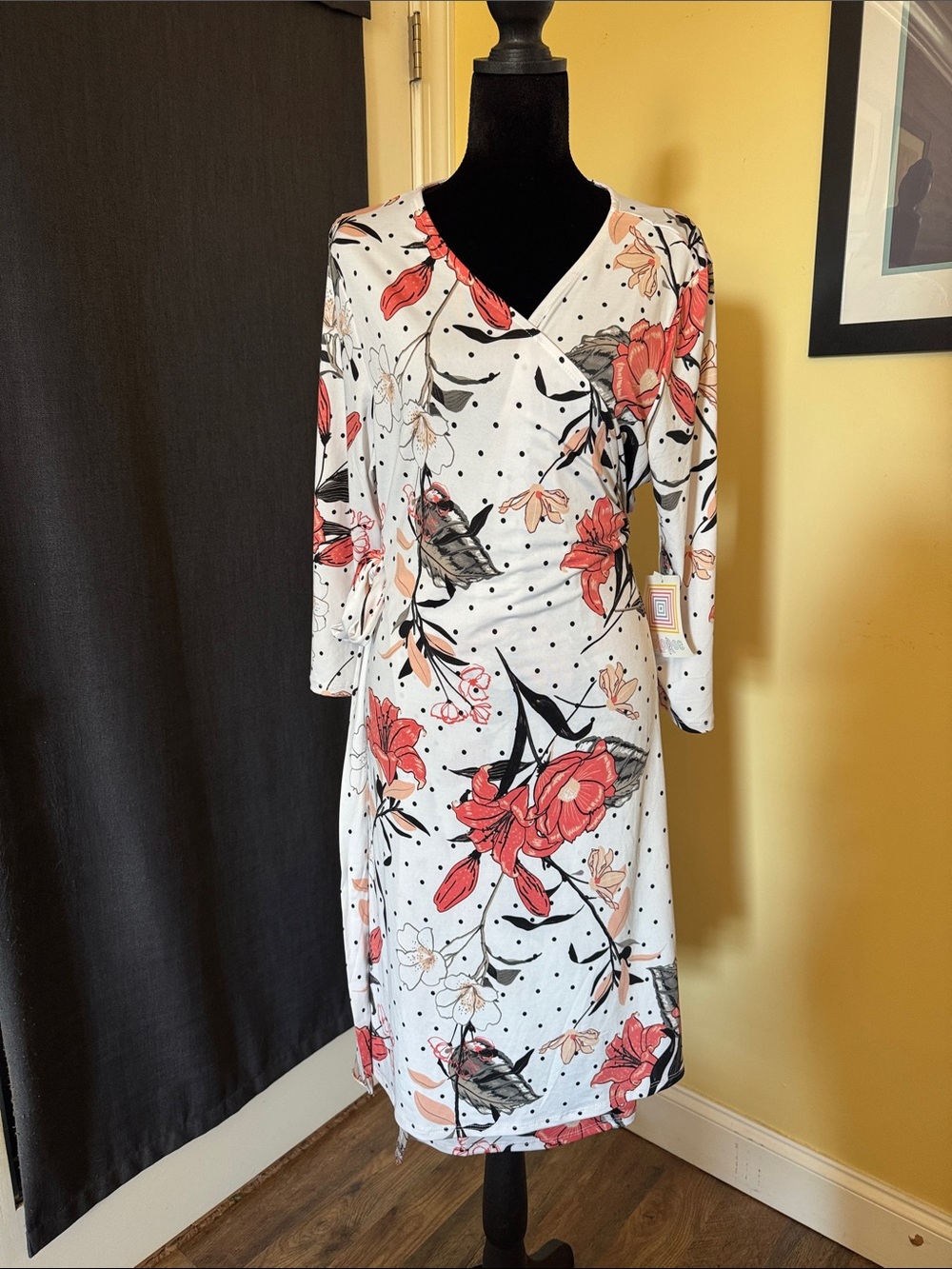 LuLaRoe White Midi Wrap Dress with Coral & Black Floral Print